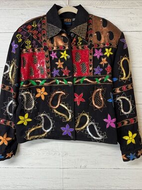 Vintage Modi Denim Black Art to Wear Embroidered Jacket
